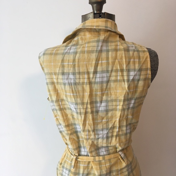 Vintage Dresses Vintage Linen Blend Shirt Dress Yellow Green Nipped